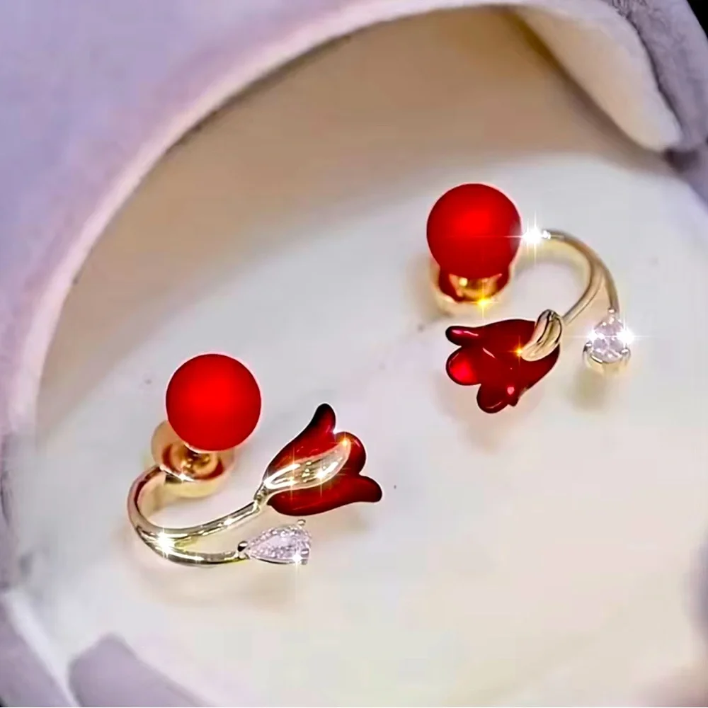 Red flower‎ faux pearl gold plated earrings faux fashion jewelry